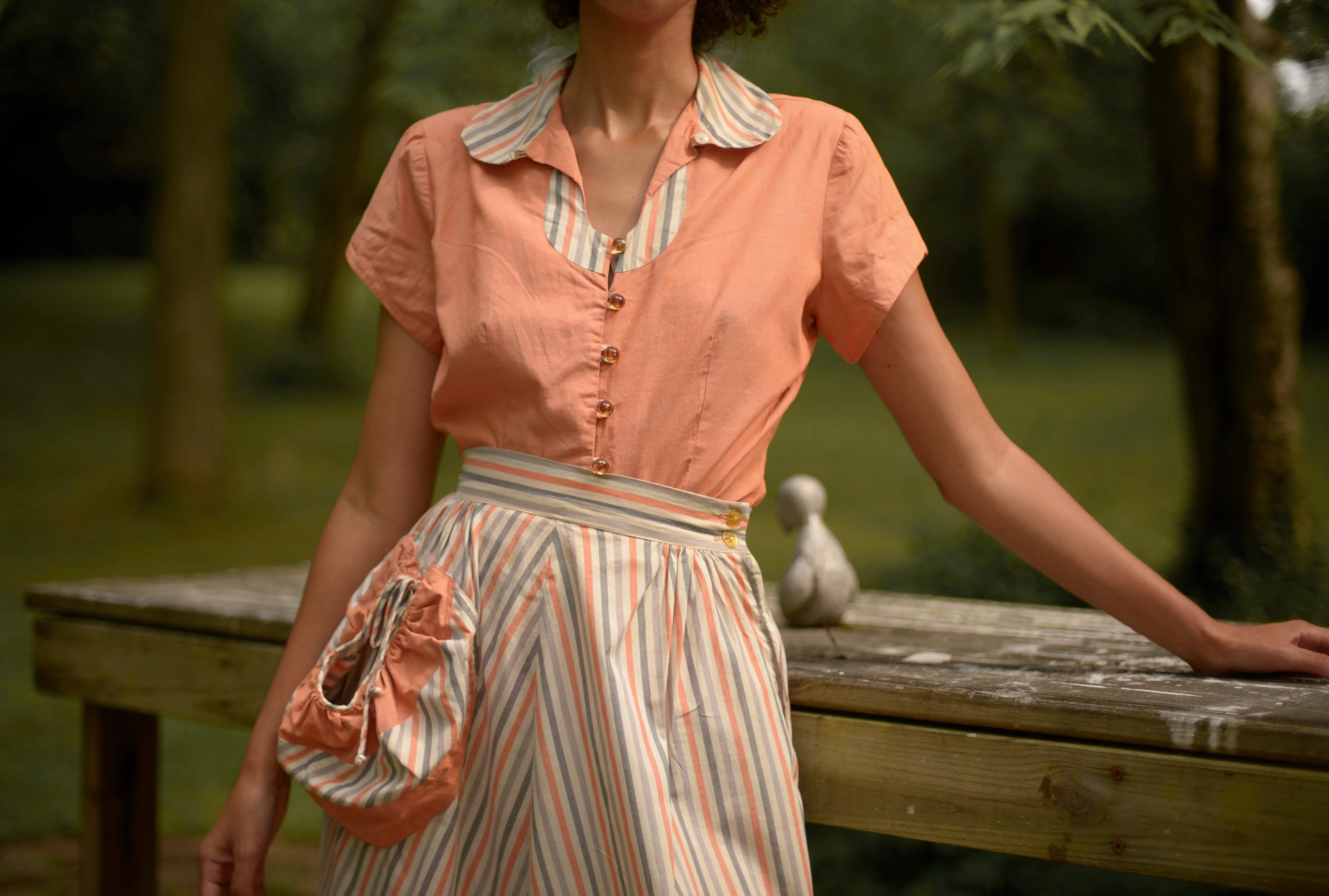 1940s striped skirt set with keyhole neckline and pouch pocket, small