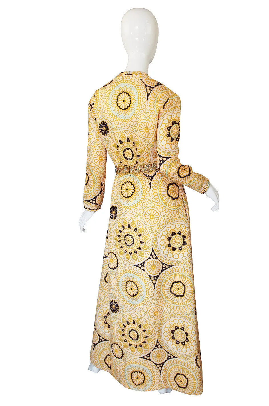 1960s Yellow Print Dressing Robe w Beaded Belt