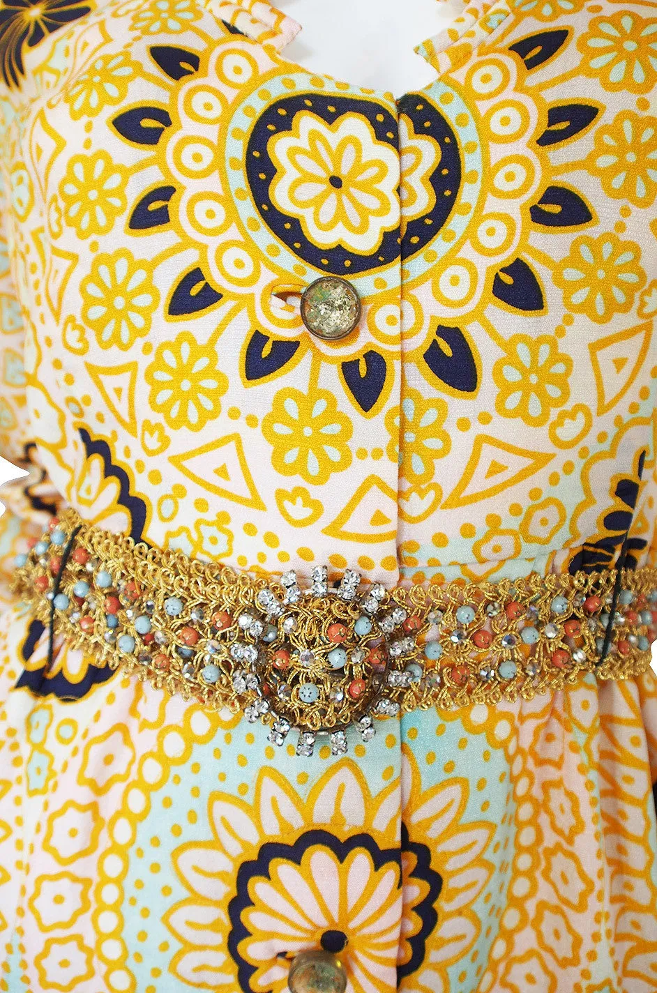 1960s Yellow Print Dressing Robe w Beaded Belt