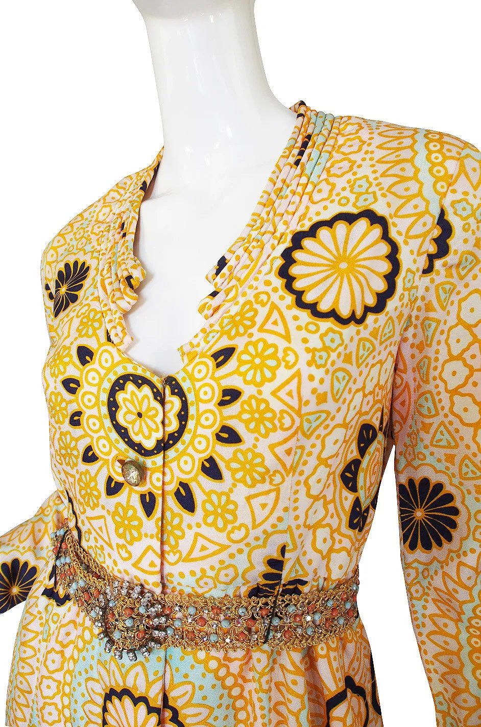 1960s Yellow Print Dressing Robe w Beaded Belt