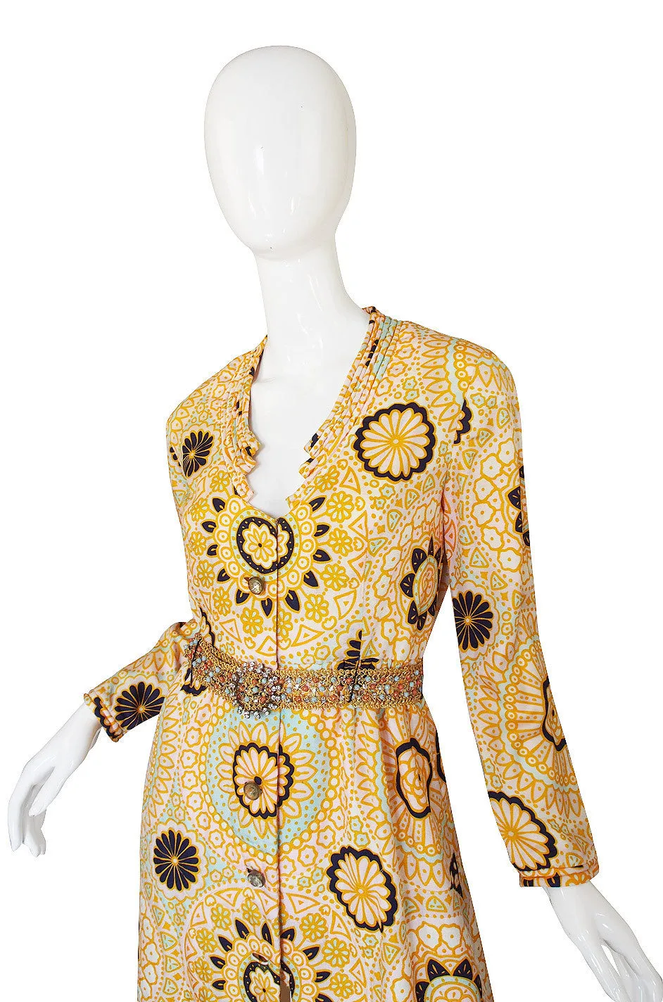 1960s Yellow Print Dressing Robe w Beaded Belt