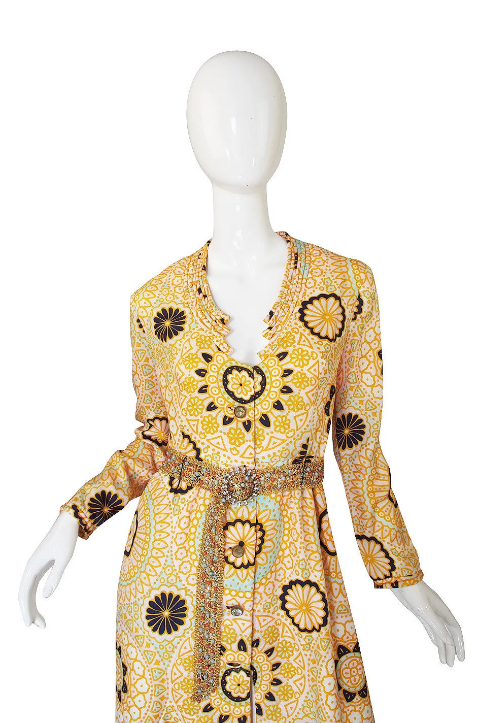 1960s Yellow Print Dressing Robe w Beaded Belt