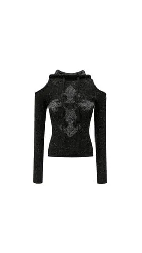 1Jinn Sweet-Cool Mohair Off-Shoulder Knit Cardigan With Hood And Cross Design