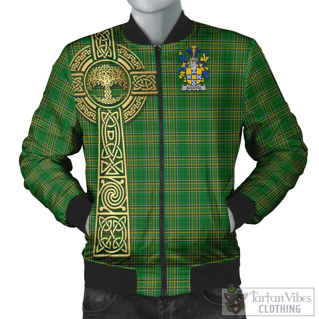 Accotts Irish Clan Tartan Bomber Jacket with Coat of Arms Celtic Tree of Life Style