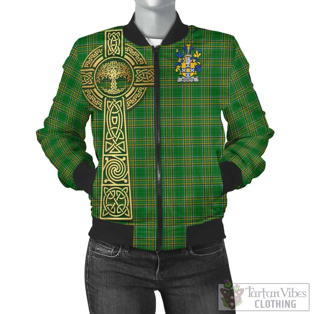 Accotts Irish Clan Tartan Bomber Jacket with Coat of Arms Celtic Tree of Life Style