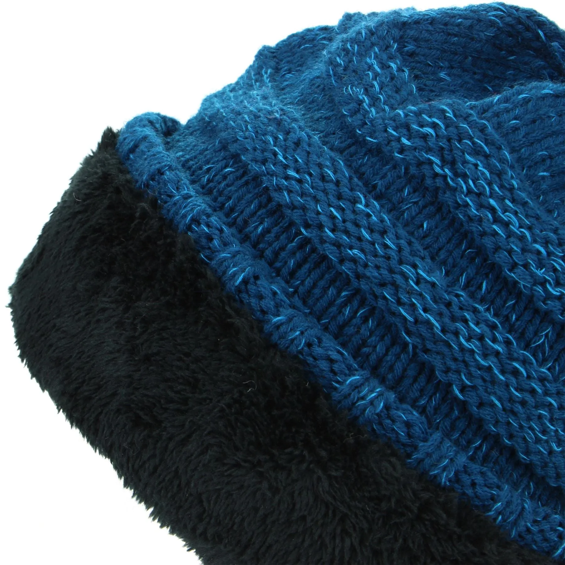 Acrylic Knit Baggy Beanie Bobble Hat - Blue