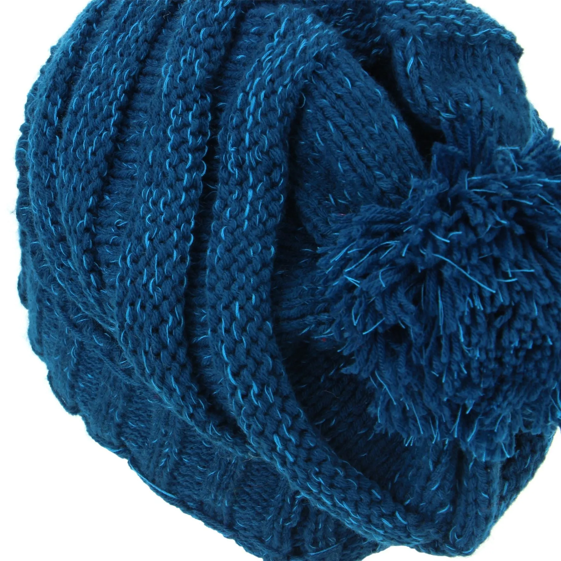 Acrylic Knit Baggy Beanie Bobble Hat - Blue