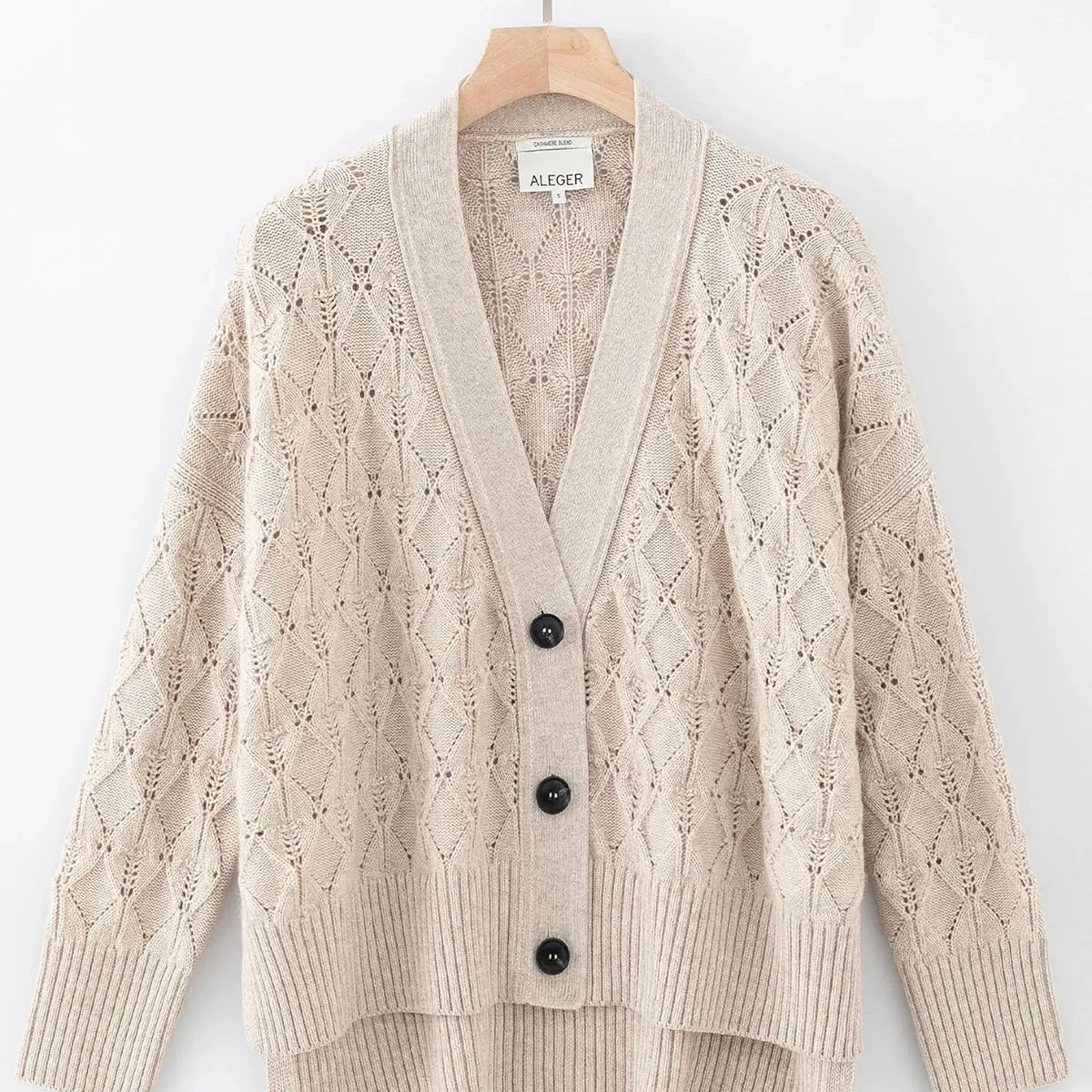 Aleger Cashmere Diamond Detail high Low Cardigan in Oat