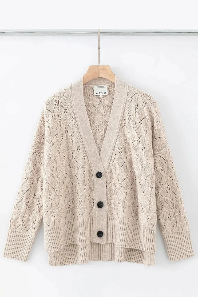 Aleger Cashmere Diamond Detail high Low Cardigan in Oat