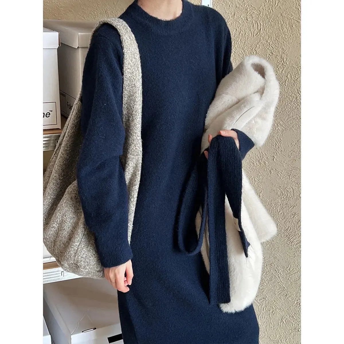 Amozae-Autumn Casual Outfits Amozae-Loose Soft Sticky Knit Dress   Scarf Women's 2024 Autumn  Winter Long Over Knee Lazy Style Dress