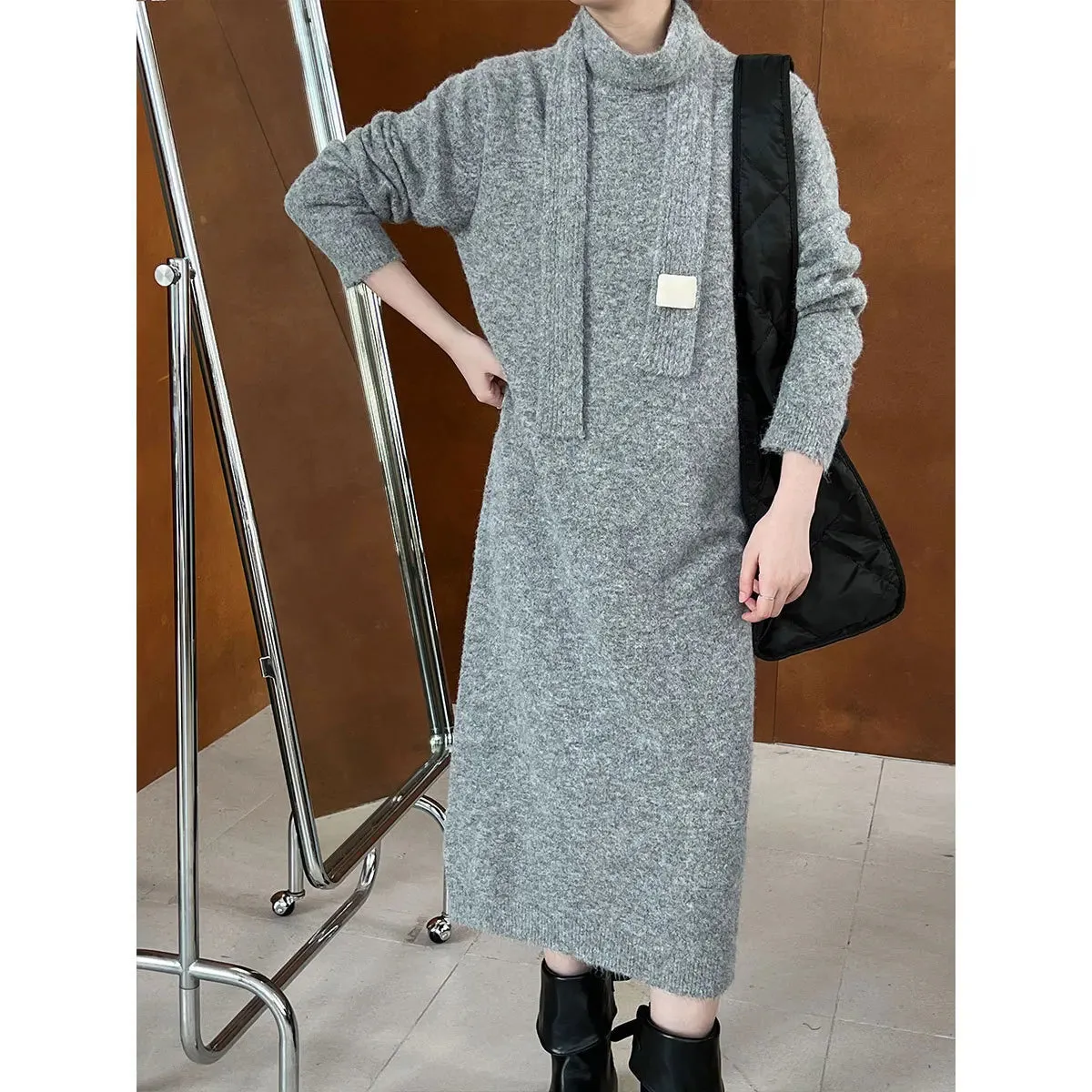 Amozae-Autumn Casual Outfits Amozae-Loose Soft Sticky Knit Dress   Scarf Women's 2024 Autumn  Winter Long Over Knee Lazy Style Dress