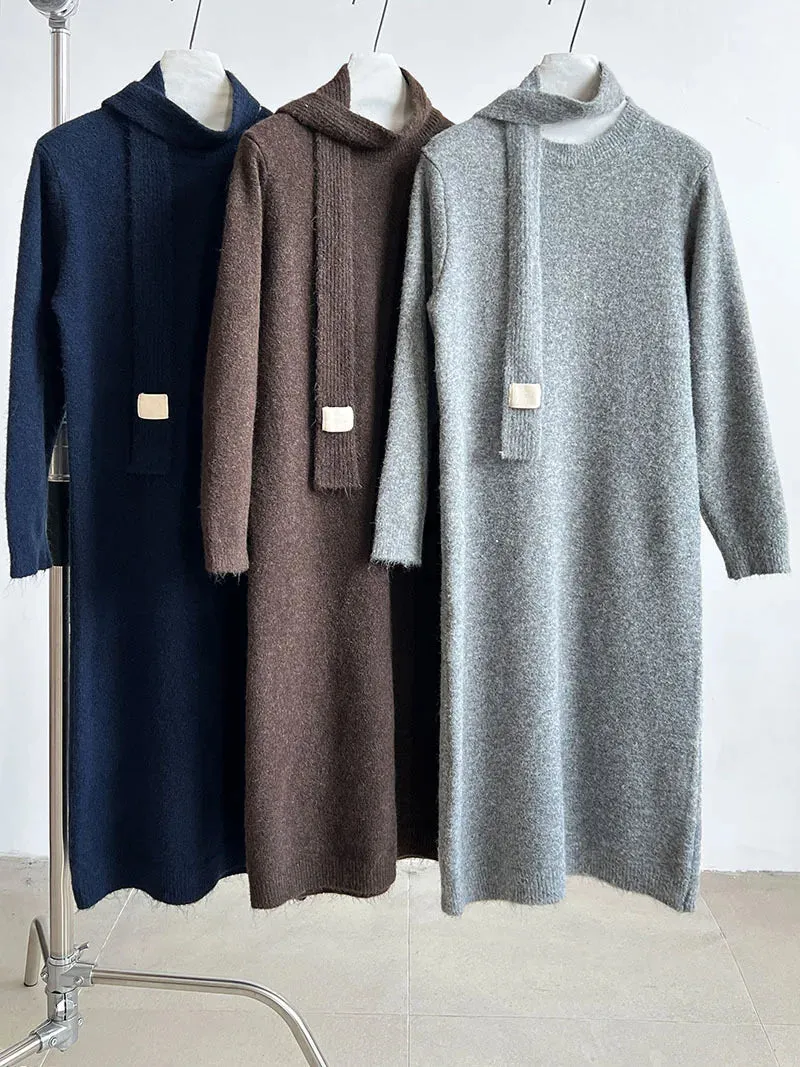 Amozae-Autumn Casual Outfits Amozae-Loose Soft Sticky Knit Dress   Scarf Women's 2024 Autumn  Winter Long Over Knee Lazy Style Dress