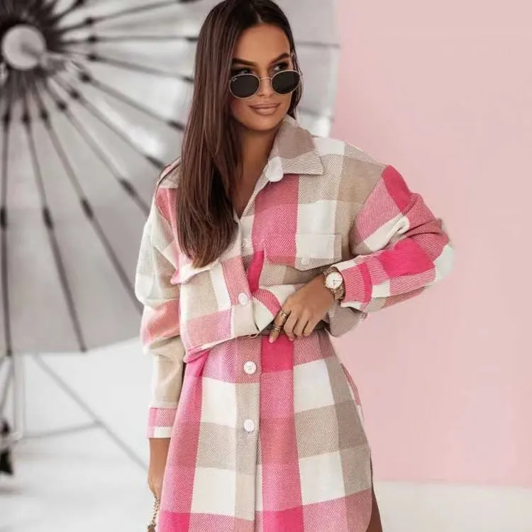 Amozae fall fashion Autumn and Winter New Color Flannel Plaid Long Trench Coat Fashion Shirt Woolen Coat