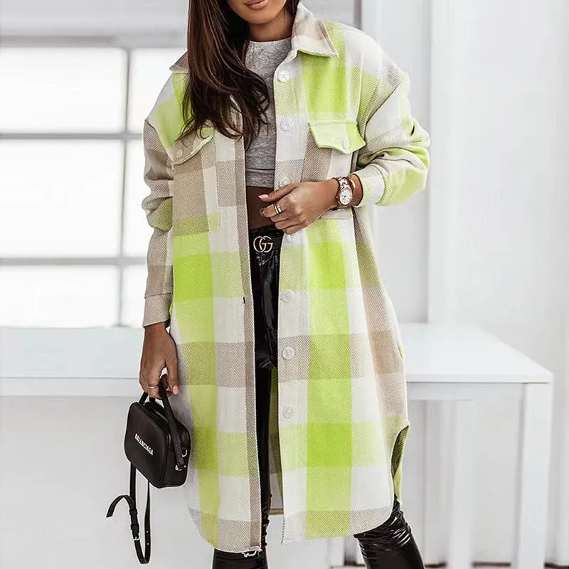 Amozae fall fashion Autumn and Winter New Color Flannel Plaid Long Trench Coat Fashion Shirt Woolen Coat