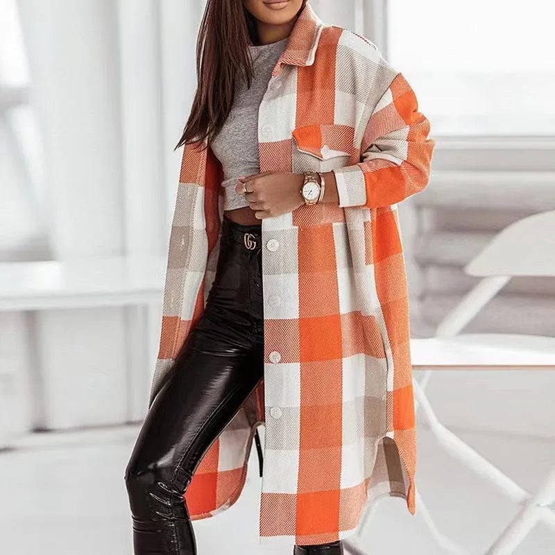 Amozae fall fashion Autumn and Winter New Color Flannel Plaid Long Trench Coat Fashion Shirt Woolen Coat