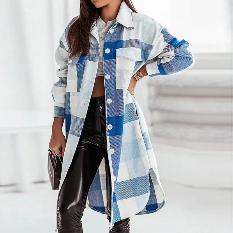 Amozae fall fashion Autumn and Winter New Color Flannel Plaid Long Trench Coat Fashion Shirt Woolen Coat