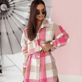 Amozae fall fashion Autumn and Winter New Color Flannel Plaid Long Trench Coat Fashion Shirt Woolen Coat