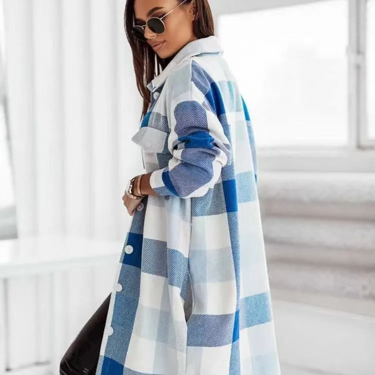 Amozae fall fashion Autumn and Winter New Color Flannel Plaid Long Trench Coat Fashion Shirt Woolen Coat