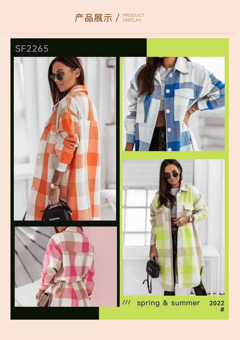 Amozae fall fashion Autumn and Winter New Color Flannel Plaid Long Trench Coat Fashion Shirt Woolen Coat