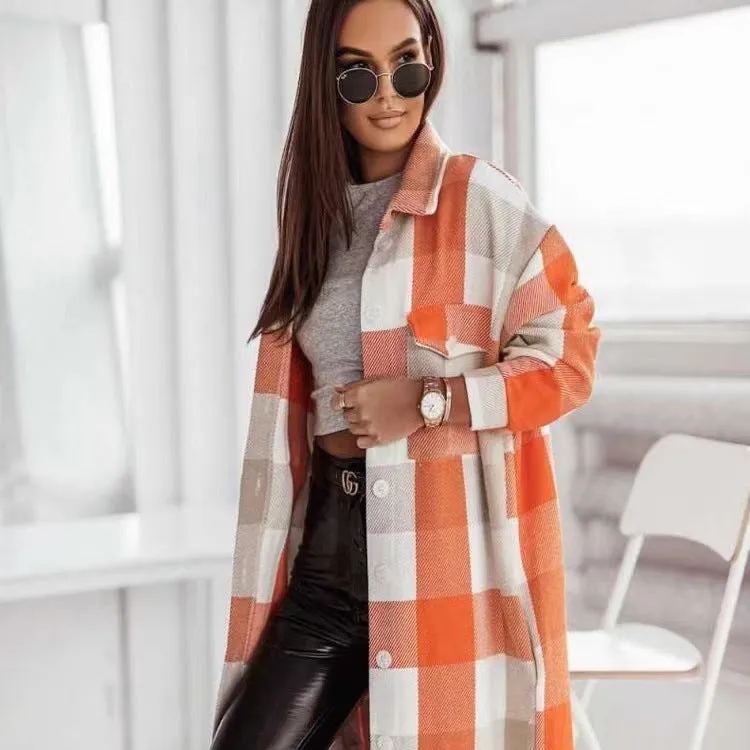 Amozae fall fashion Autumn and Winter New Color Flannel Plaid Long Trench Coat Fashion Shirt Woolen Coat