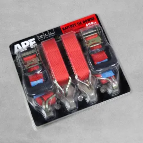 APE - Ratchet Tie Downs - 600kg load / 6m length / 38mm webbing - Pack of 2