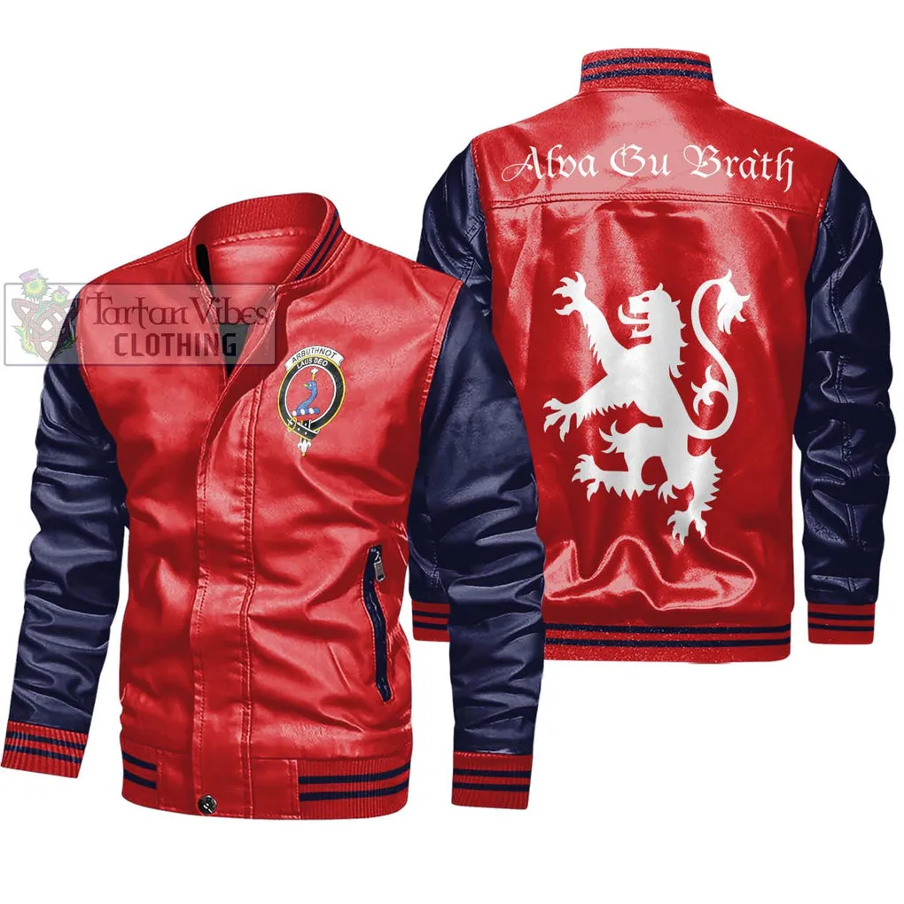 Arbuthnot Family Crest Leather Bomber Jacket Lion Rampant Alba Gu Brath Style