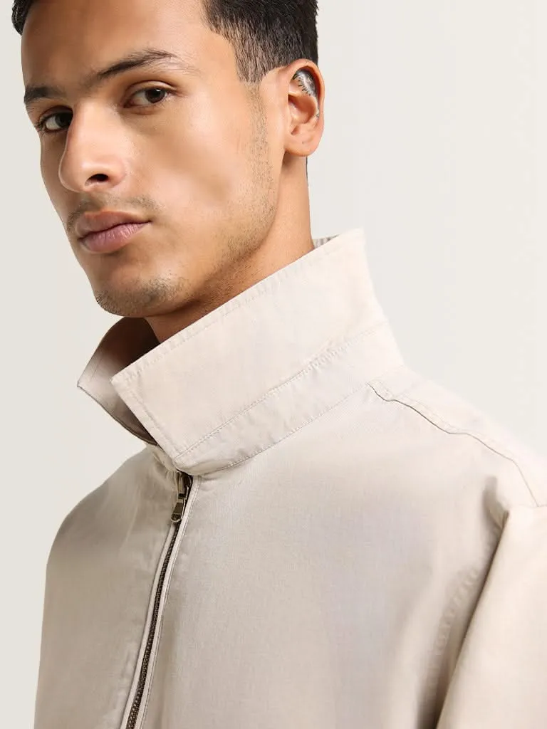 Ascot Beige Cotton Blend Relaxed Fit Bomber Jacket