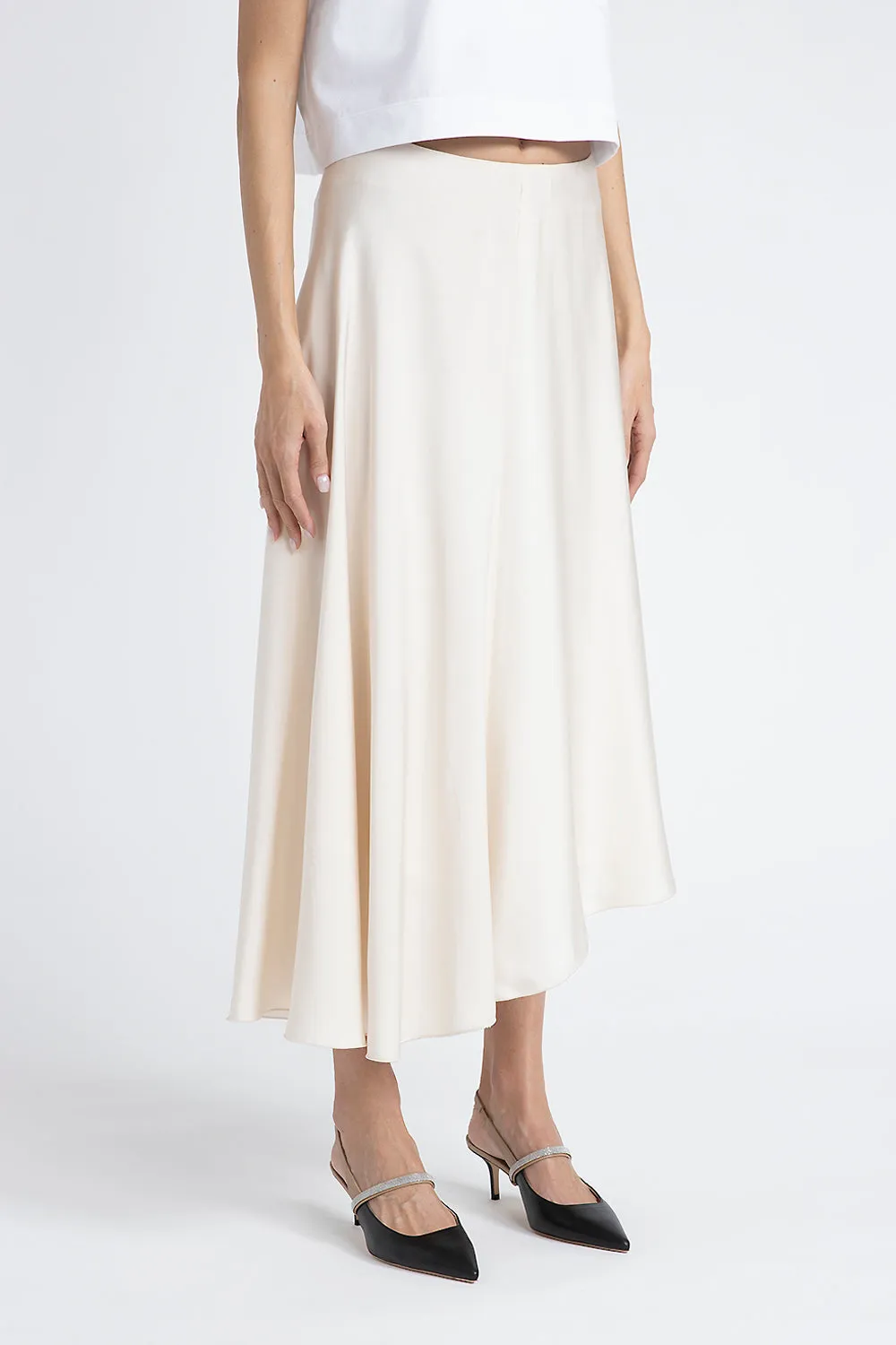 Asymmetrical viscose satin midi skirt