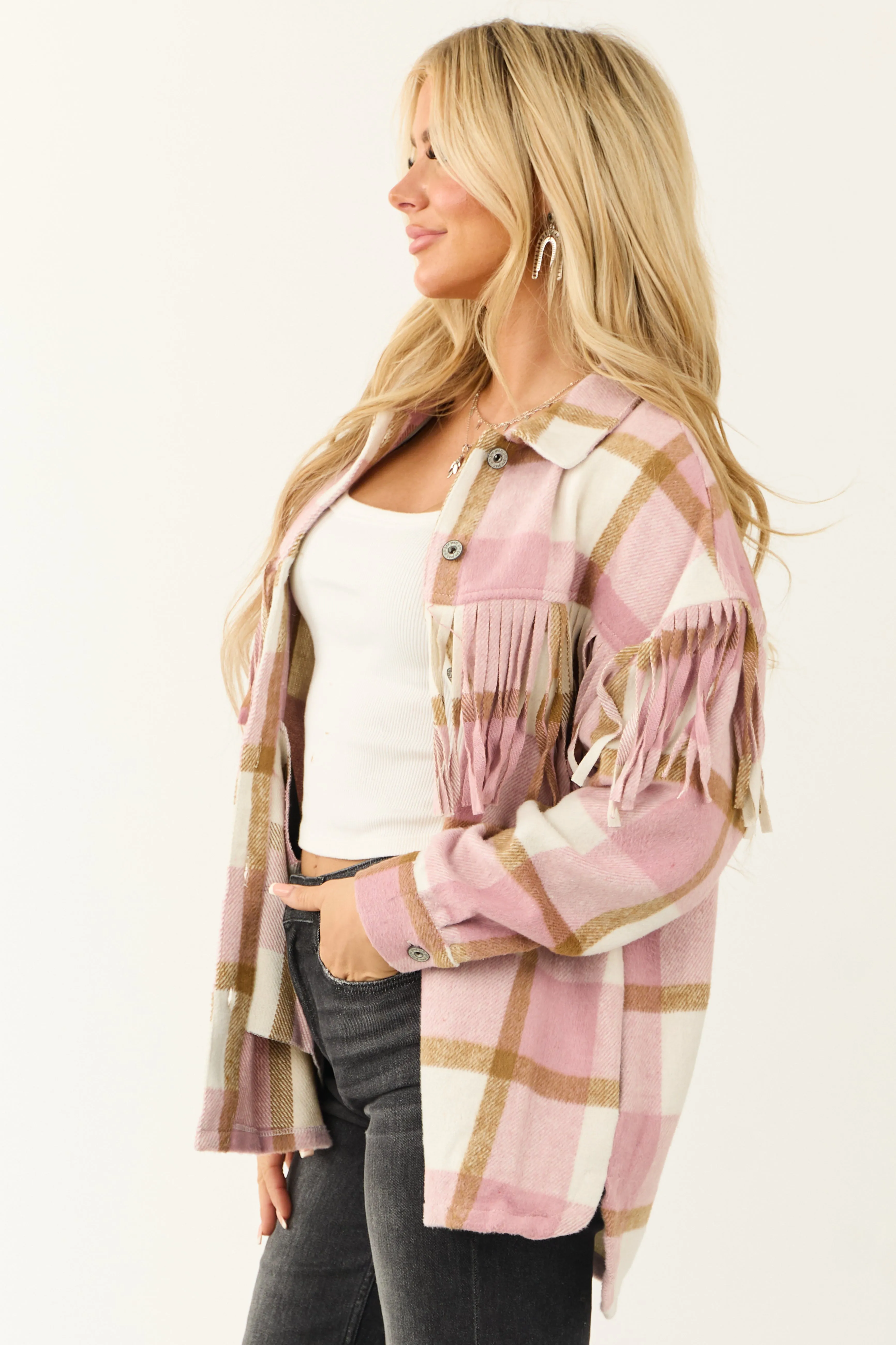 Baby Pink Plaid Fringe Button Down Shacket