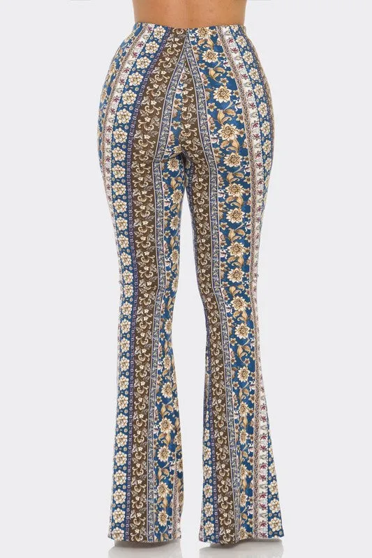 Bear Dance Floral Scroll Skinny Brushed Pants - Multi Blue Brown