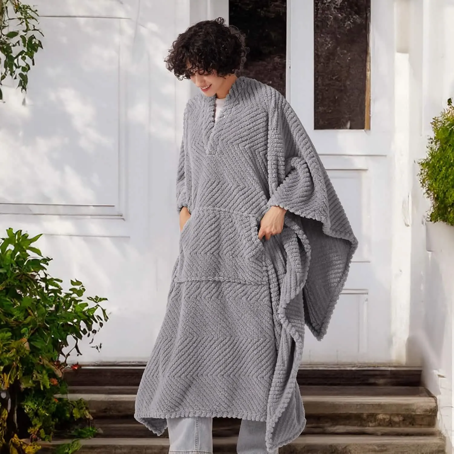 Bedsure Herringbone Sherpa Poncho Blanket