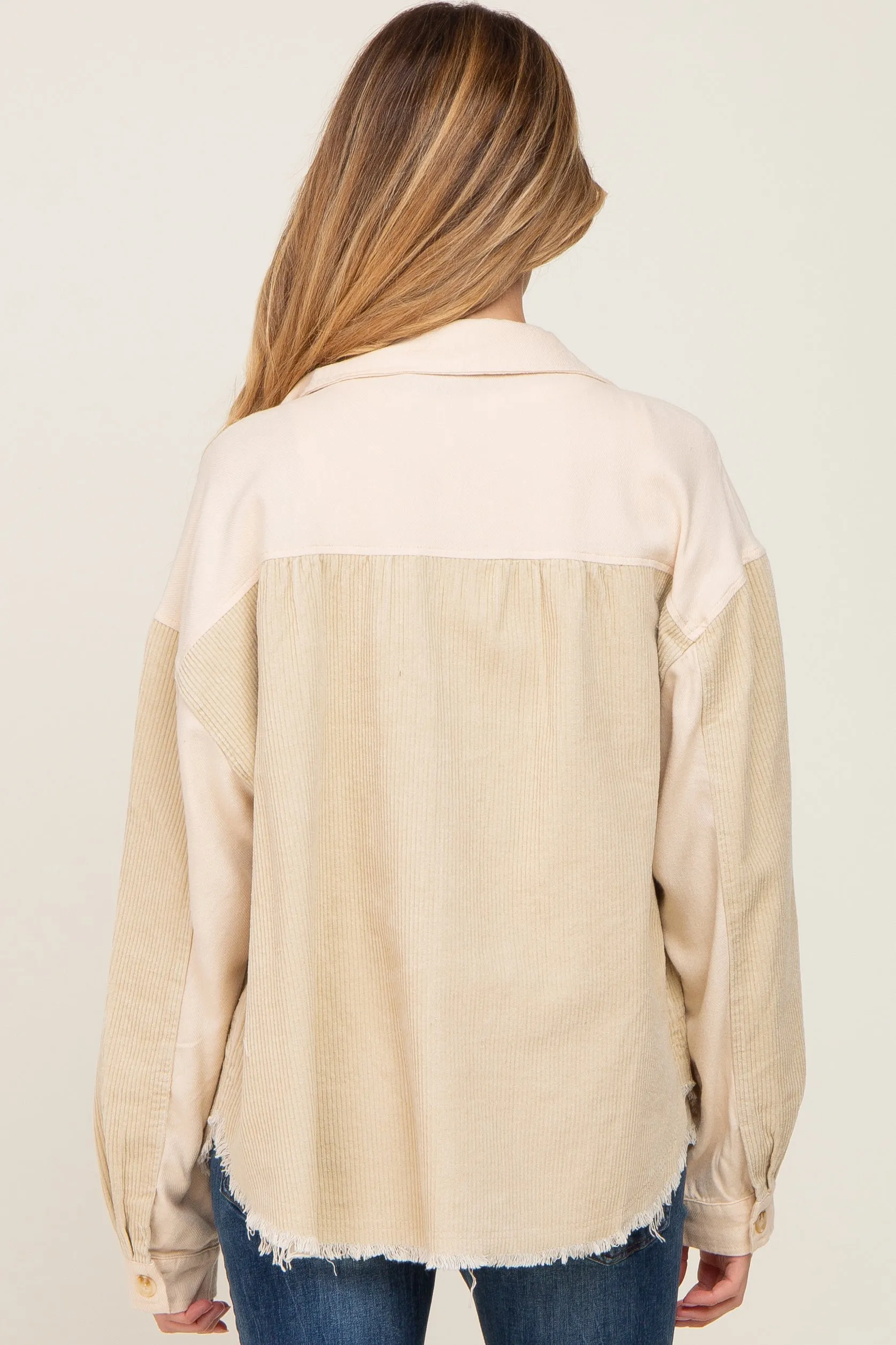 Beige Colorblock Corduroy Maternity Shacket