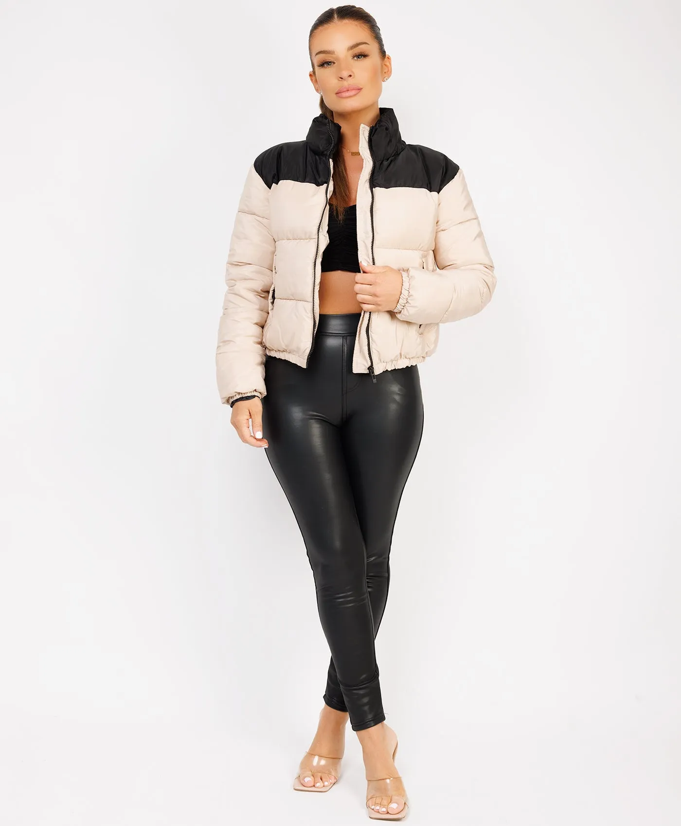 Beige Colour Block Padded Zipped Puffer Bomber Jacket