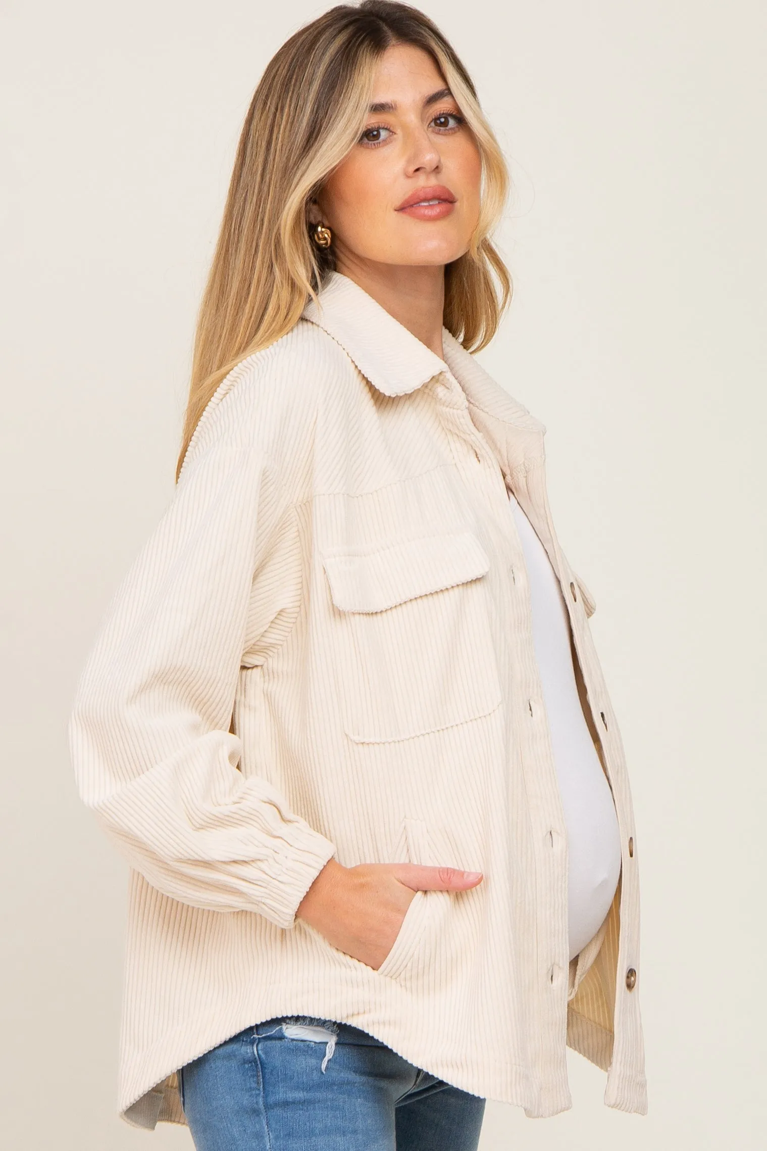 Beige Corduroy Front Pocket Maternity Shacket