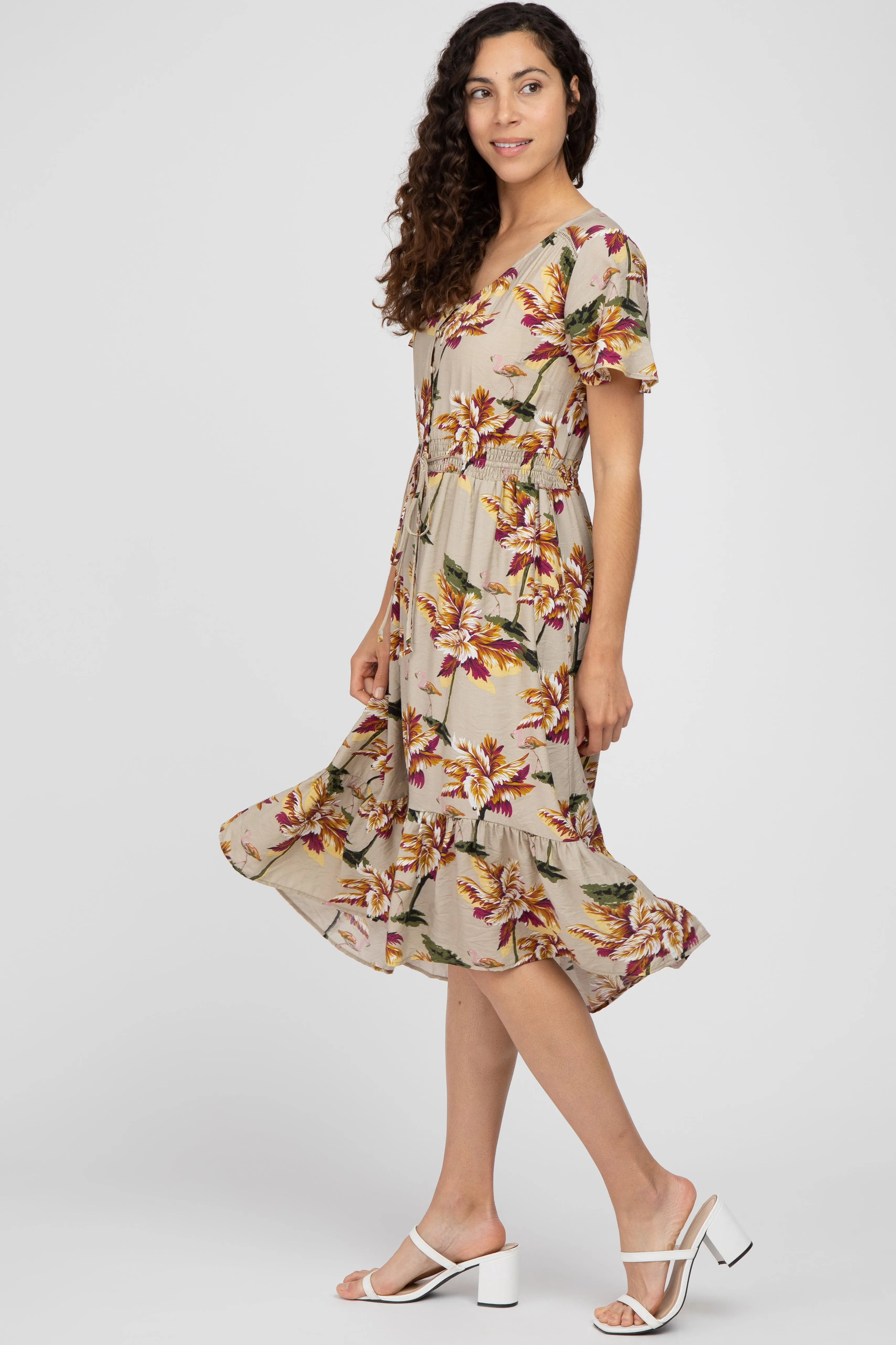 Beige Floral Button Midi Dress