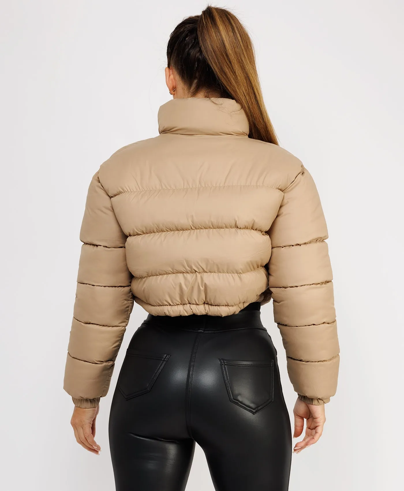 Beige NYC Quilted Padded Cropped Puffer Jacket