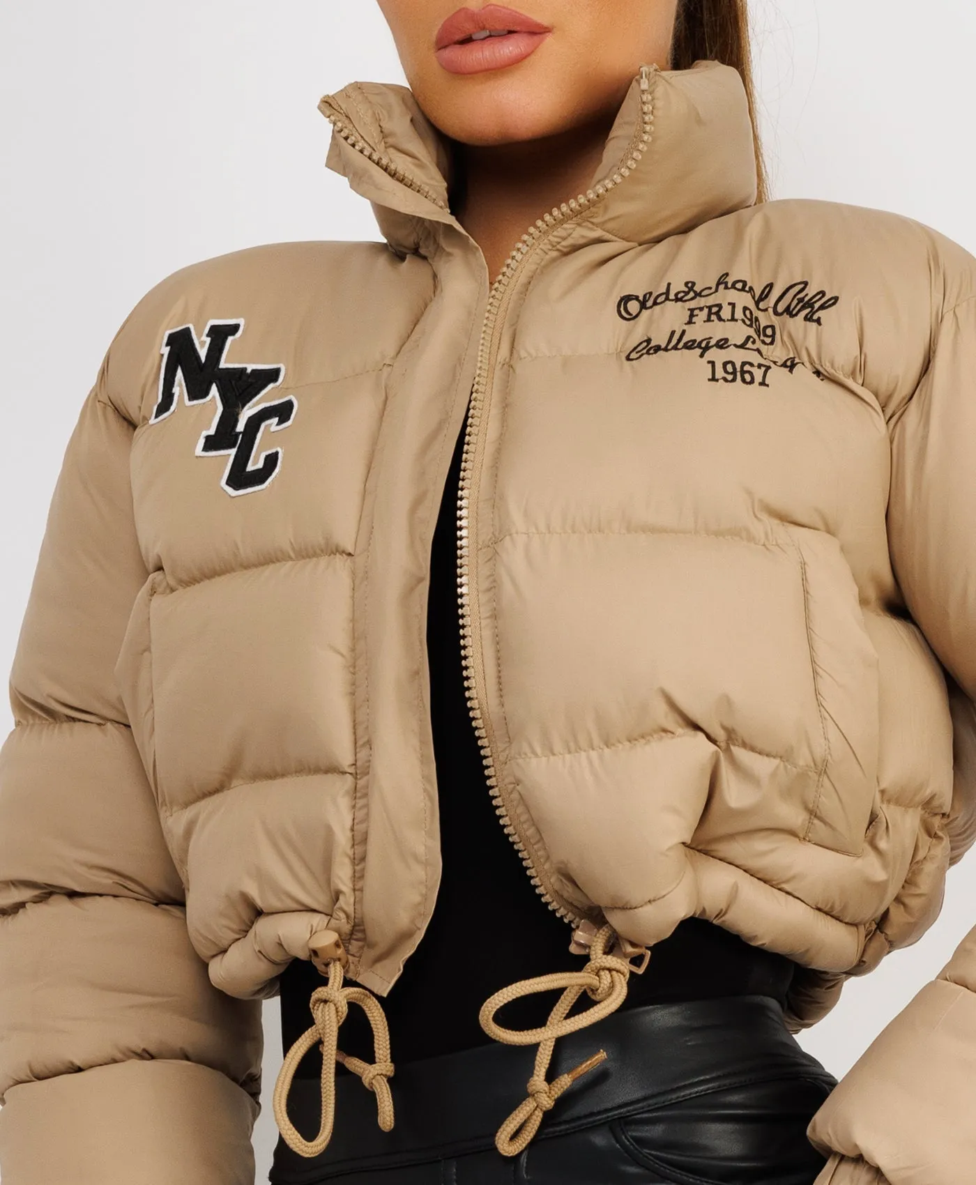 Beige NYC Quilted Padded Cropped Puffer Jacket