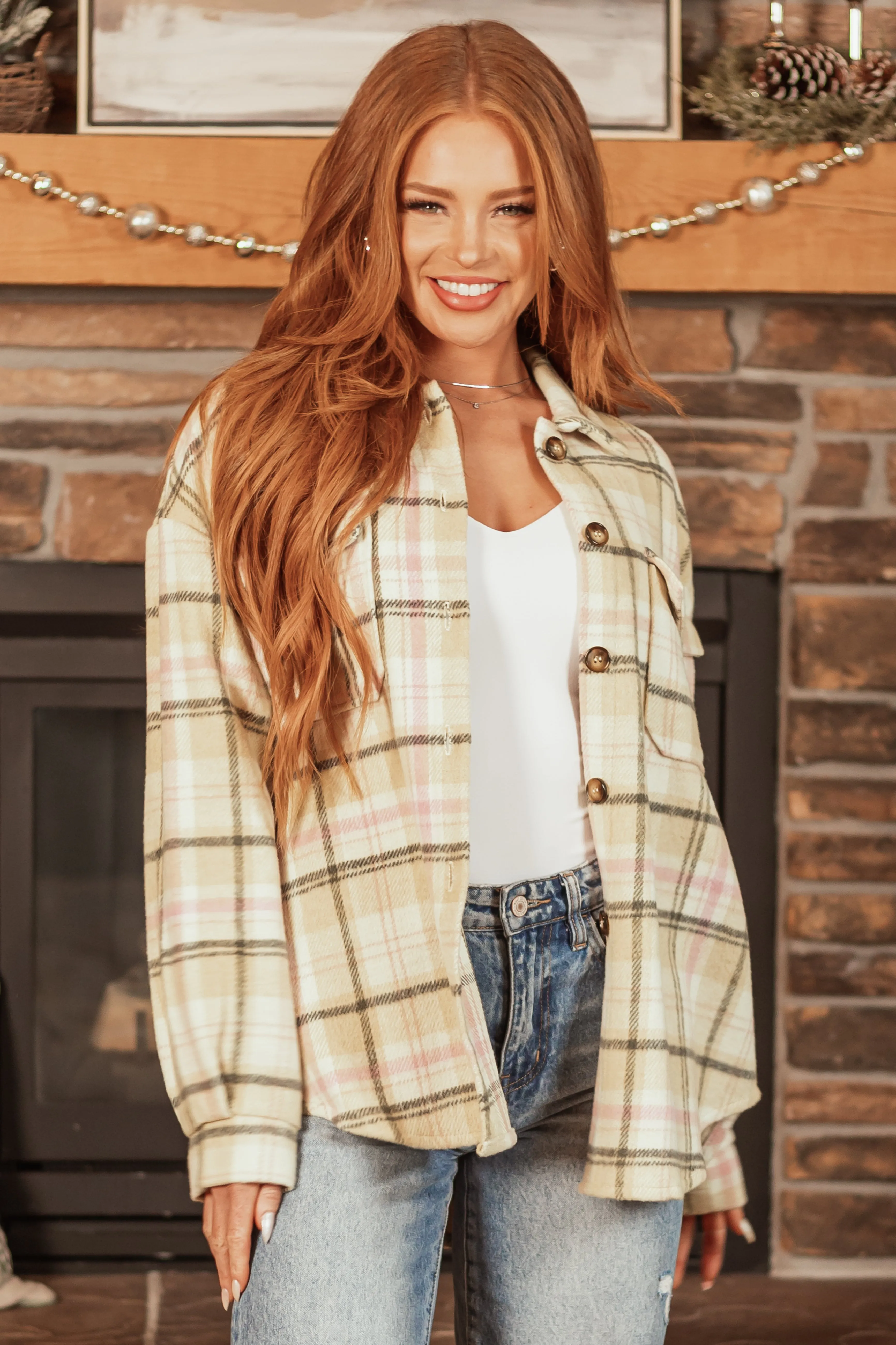 Beige Plaid Button Up Collared Shacket