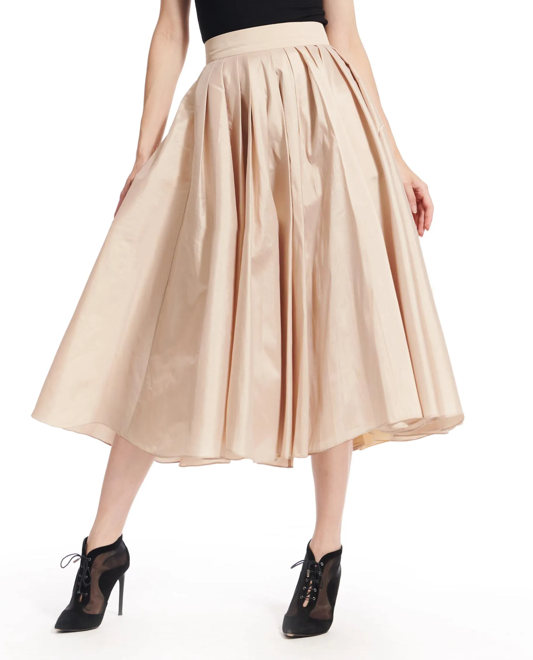 BLACK AND IVORY TAFFETA TEA LENGTH MIDI SKIRT