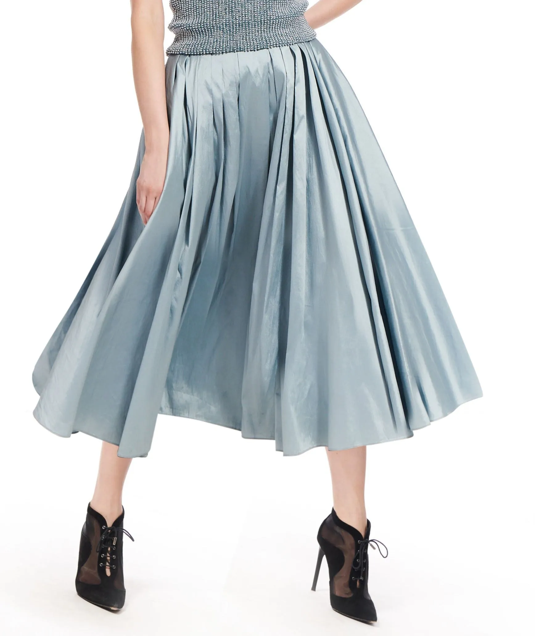 BLACK AND IVORY TAFFETA TEA LENGTH MIDI SKIRT