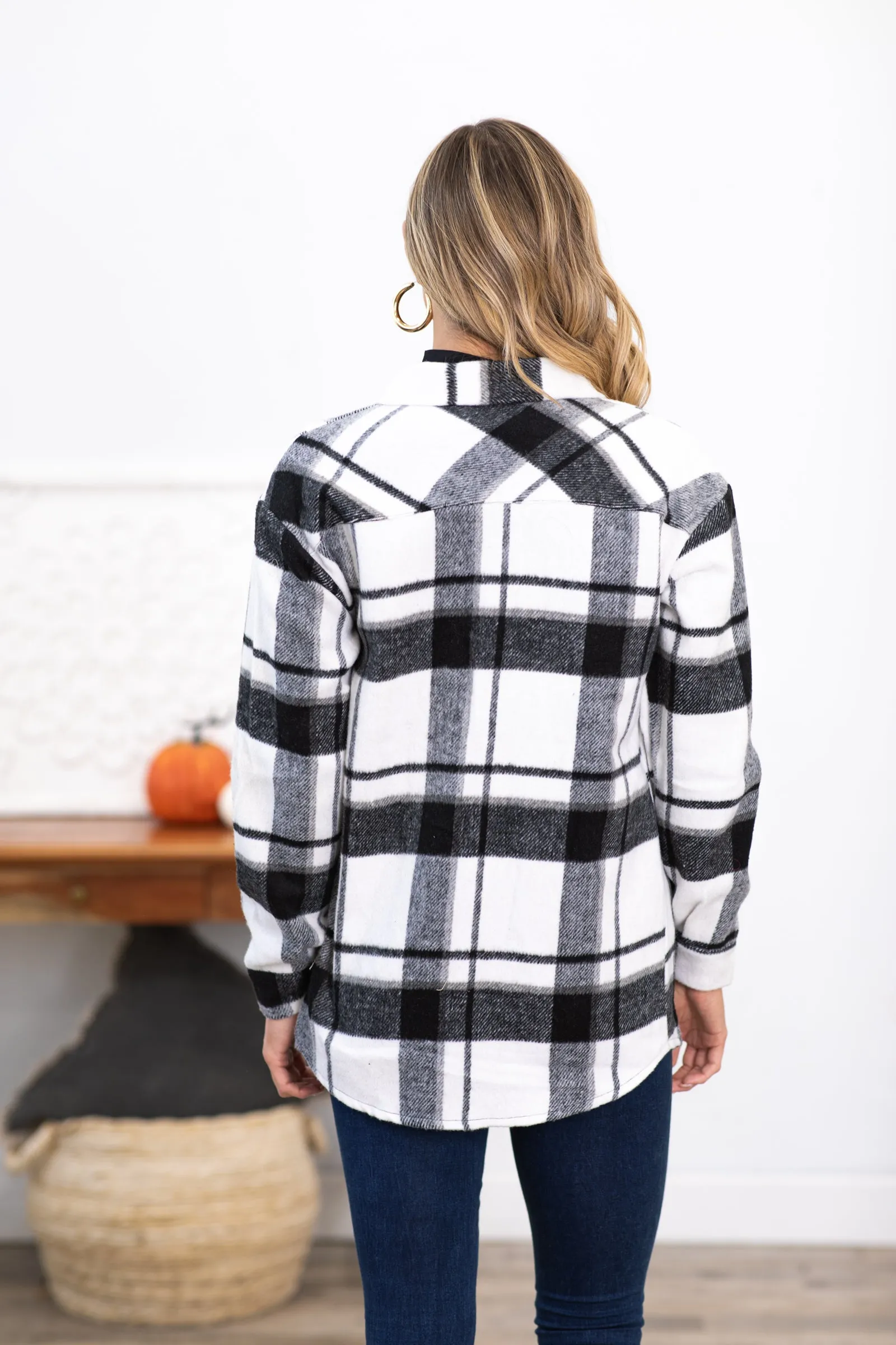 Black and White Plaid Shacket With Pockets