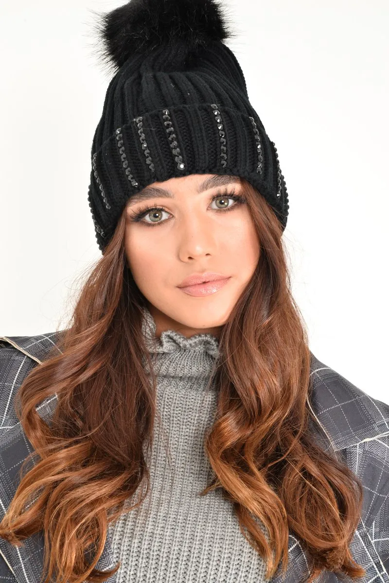 Black Embellished Pom Pom Hat - Monae