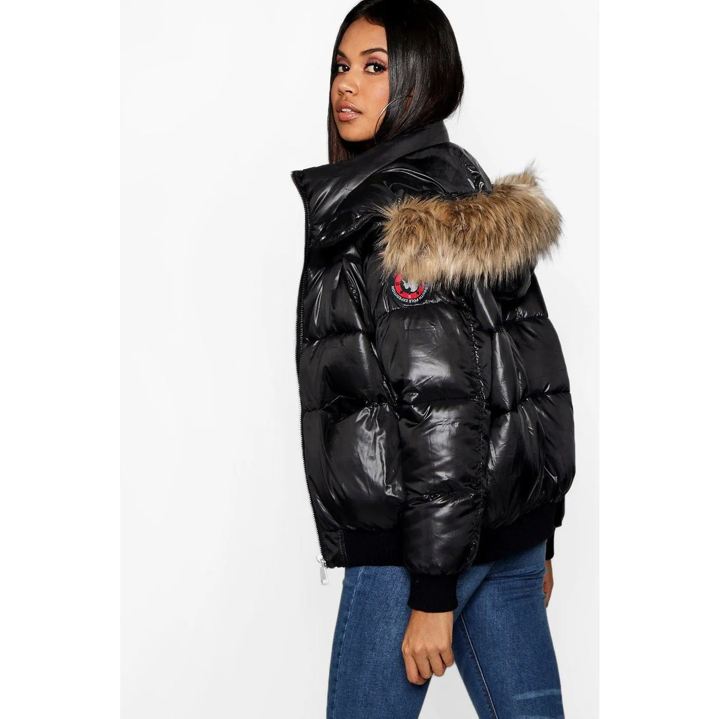 Black Hooded Fur Faux Puffer Jacket