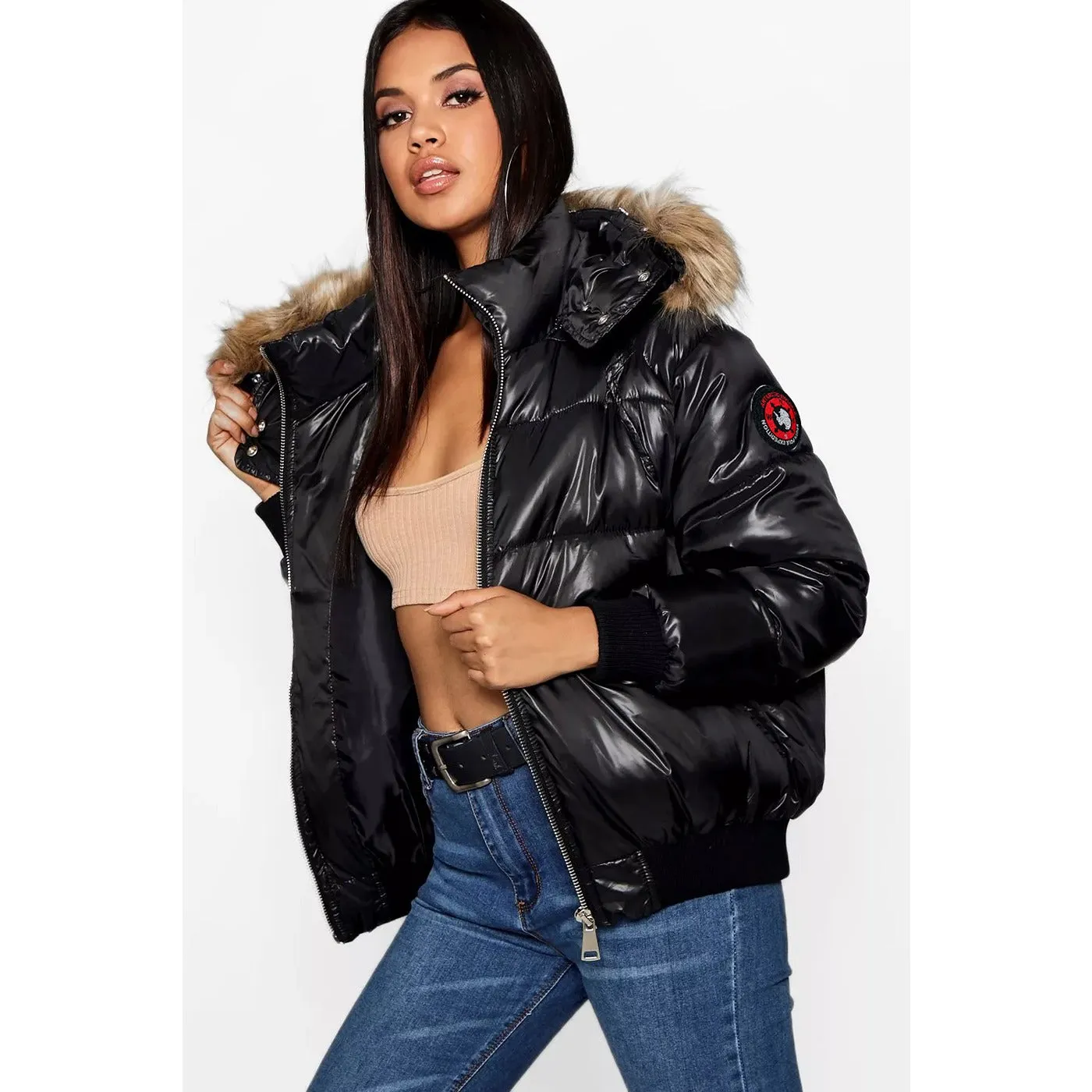 Black Hooded Fur Faux Puffer Jacket