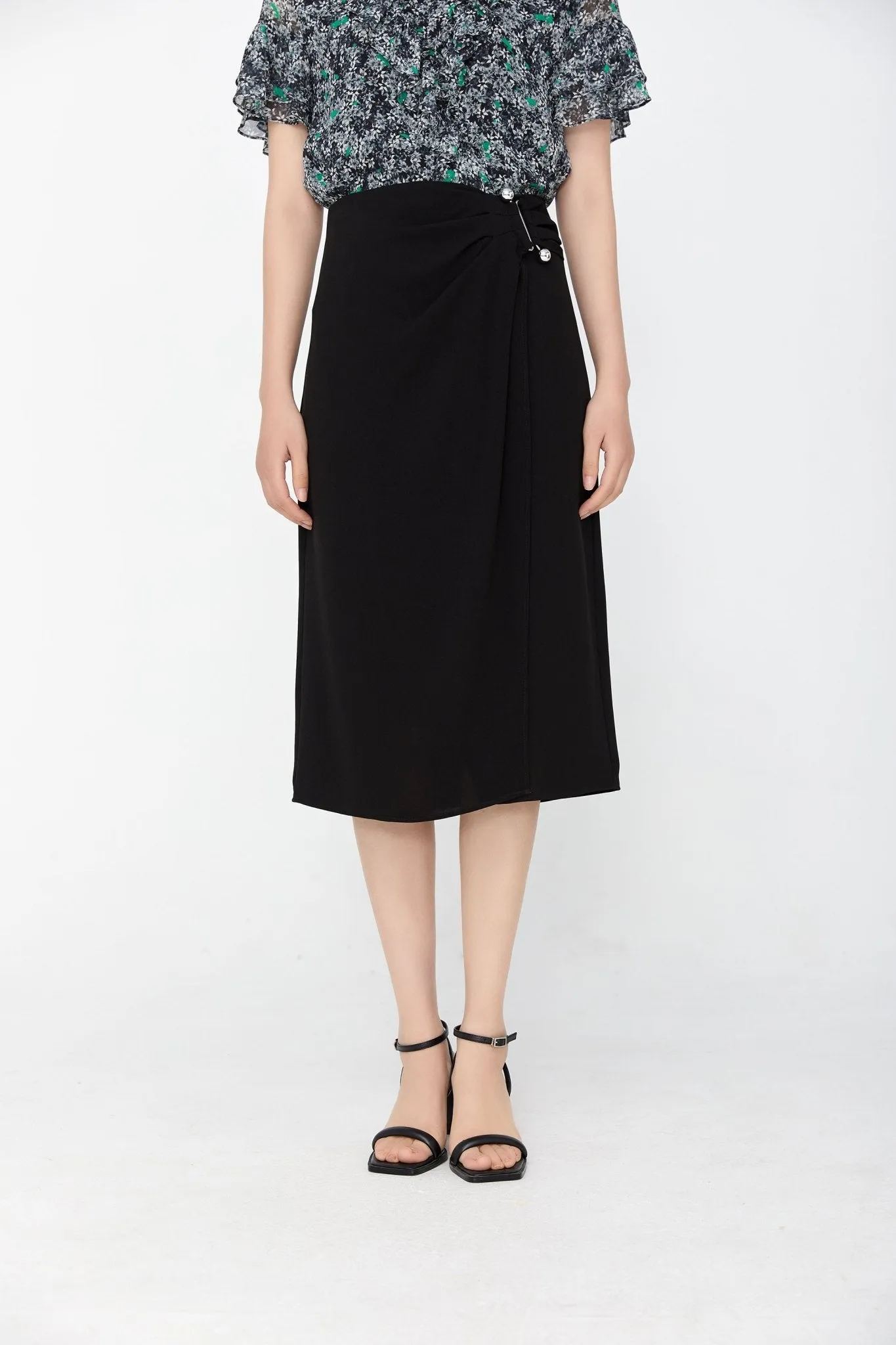 Black Midi Skirt High Waist Metal Buckle