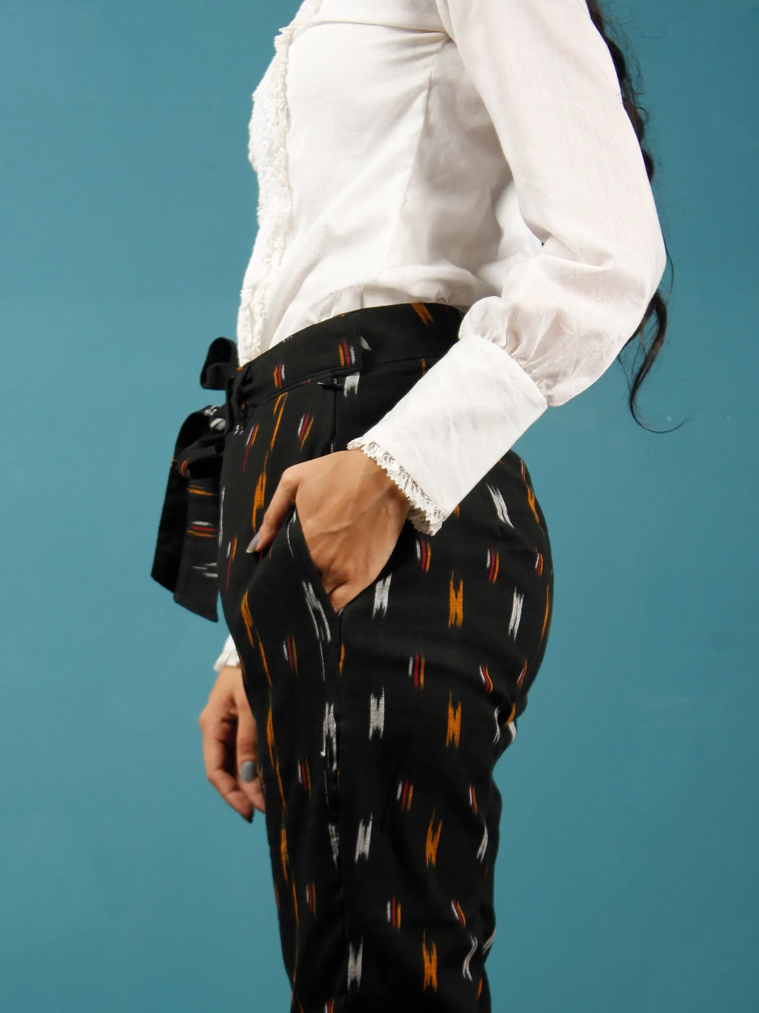 Black Orange Maroon White Hand Woven Ikat Cigarette Pants With Belt- T032F730