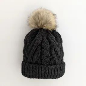 Black Pop Pom Pom Beanie Hat