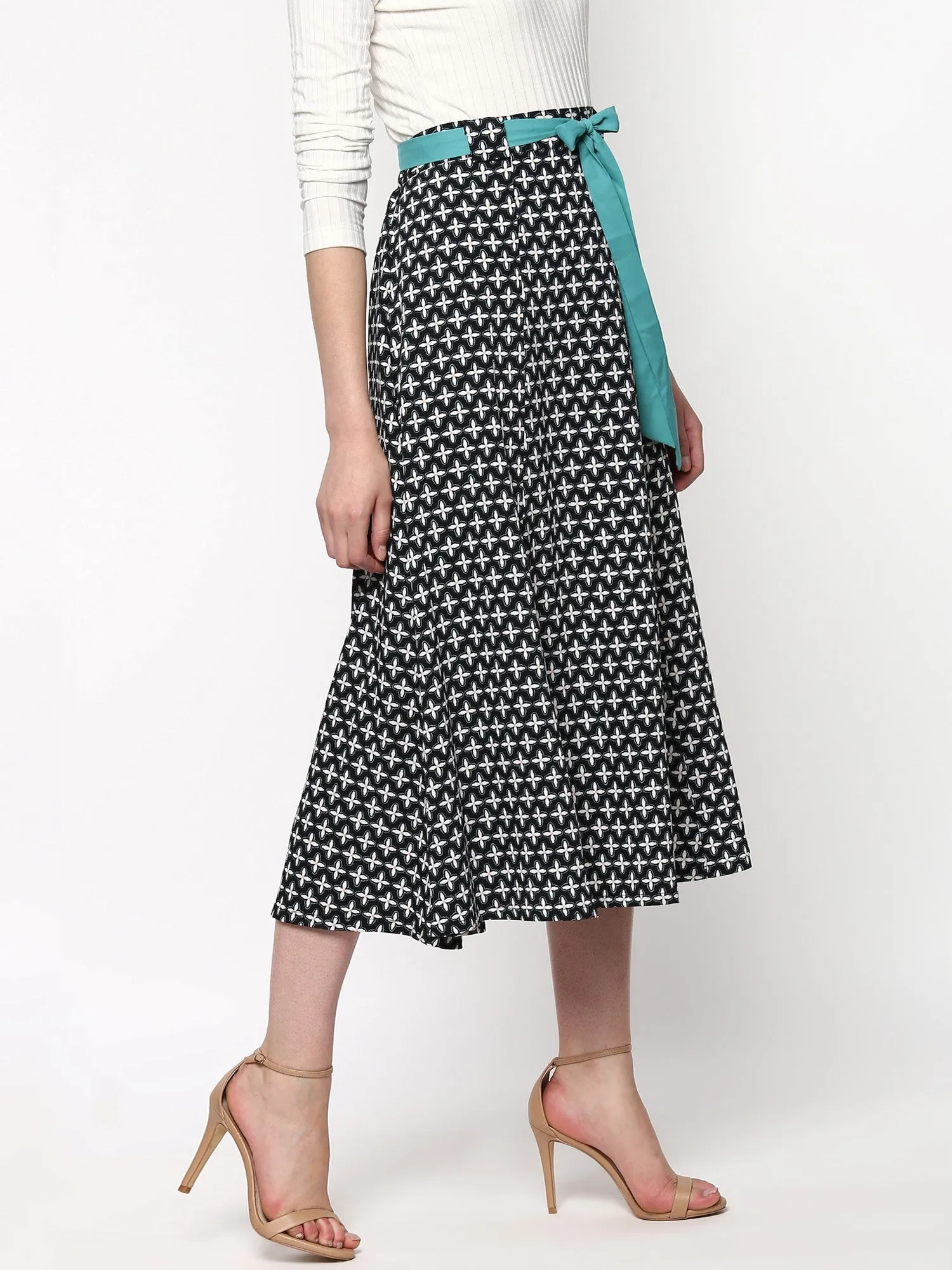 Black Printed Flared Belted Midi Skirt