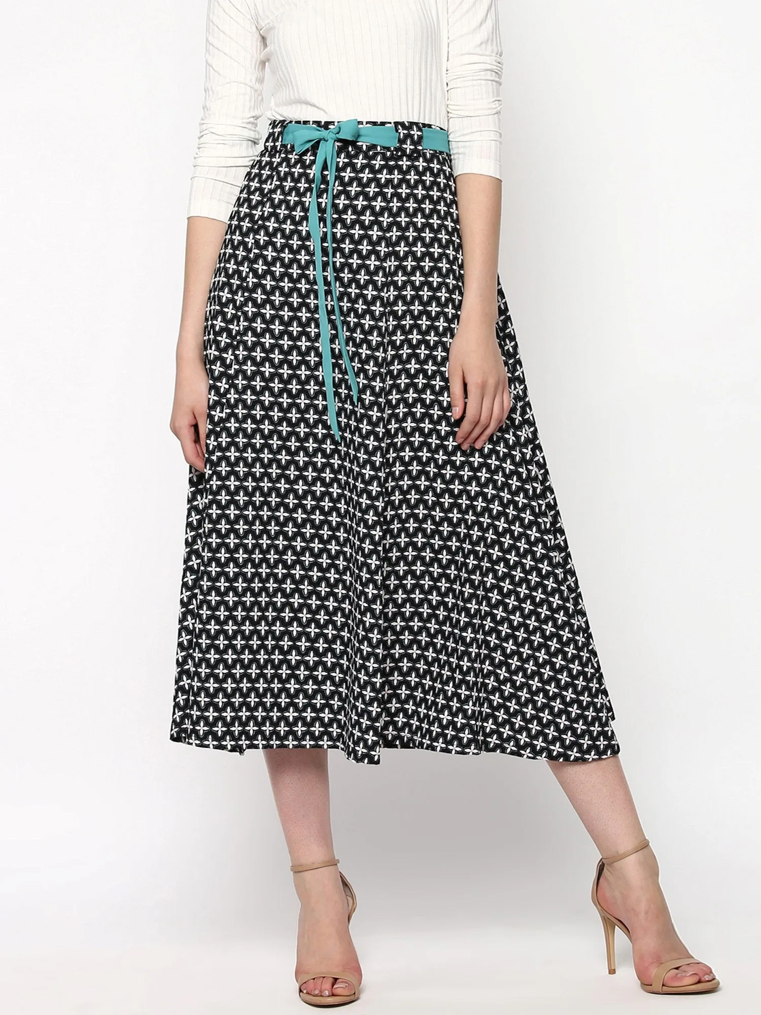 Black Printed Flared Belted Midi Skirt