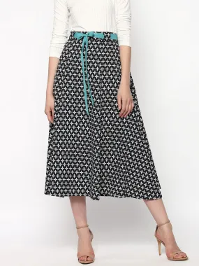 Black Printed Flared Belted Midi Skirt